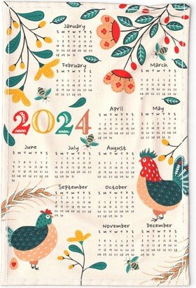 2024 Calendar Tea Towel - Chicken By Sanne Paul Rooster & Bees Folk Art Linen Cotton Canvas Spoonflower