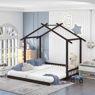 TOSWIN Twin to King Design Extending House Bed Wooden Daybed with Fence-shaped Guardrail Around the Bed