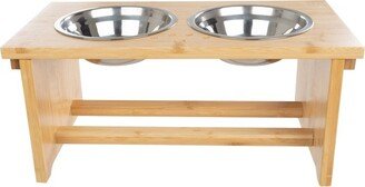 Elevated Dog Bowls with Stand - 7-Inch Nonslip Bamboo Dog Feeder with 2 Stainless-Steel Dog Bowls - Hold 20oz Each and Dishwasher Safe