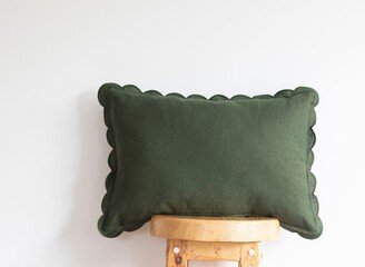 Dark Moss Green Lumbar Linen Scalloped Edge Pillow Cover - ''