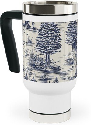 Travel Mugs: Bigfoot / Sasquatch Toile De Jouy - Blue Travel Mug With Handle, 17Oz, Blue