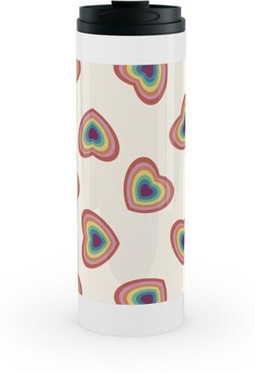 Travel Mugs: Pride Hearts - Rainbow 90S Hearts - Muted Stainless Mug, White, 16Oz, Multicolor