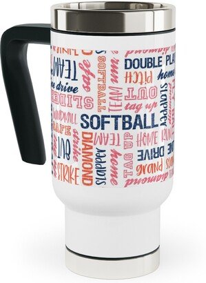 Travel Mugs: All Things Softball - Softball Typography - Pink Orange Blue Travel Mug With Handle, 17Oz, Pink