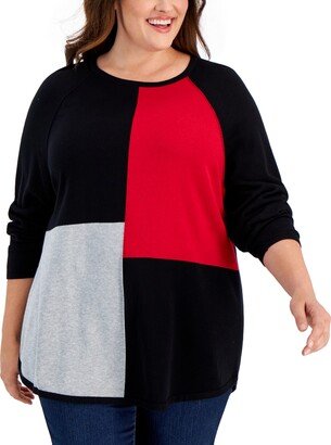 Plus Size Curved Hem Colorblocked Sweater, Created for Macy's