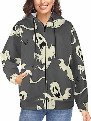 LOSARON Ghosts Halloween Pattern Women's Oversized Sweaters Full Zip Workout Jacket Athletic Casual Long Sleeve Sweatshirts 2XL