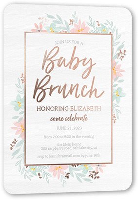 Baby Shower Invitations: Baby Brunch Baby Shower Invitation, Beige, Rose Gold Foil, 5X7, Matte, Personalized Foil Cardstock, Rounded