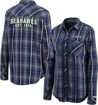 Women's Wear By Erin Andrews College Navy Seattle Seahawks Button-Up Plaid Long Sleeve Shirt