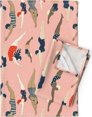 Vintage Ladies Tea Towels | Set Of 2 - Lady Divers By Cecilia Granata Blush Pink Blue Ocean Pool Linen Cotton Spoonflower