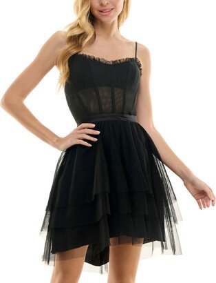 Juniors' Ruffled Tiered Mesh Fit & Flare Dress