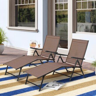 2 Piece 5 Stages Adjustable Folding Lounge Deck Chair,Outdoor Patio Metal Beach Yard Pool Recliner Chaise - Brown