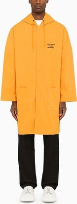 Yellow ochre single-breasted duster coat with slogan