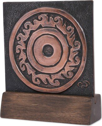 Handmade Pre-Columbian Sun Copper And Wood Relief Panel