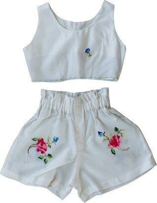 Sugar Cream Vintage Vintage Crop Top & Shorts Set With Colorful Rose Embroidery