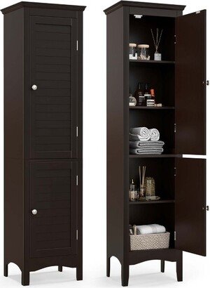 Tall Bathroom Floor Cabinet Narrow Linen Tower with 2 Doors & Adjustable Shelf Coffee