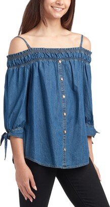 Juniors' Cotton Off-The-Shoulder 3/4-Sleeve Denim Top