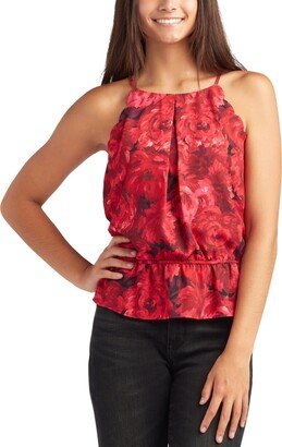 Juniors' Rose-Print Scalloped-Edge Sleeveless Top