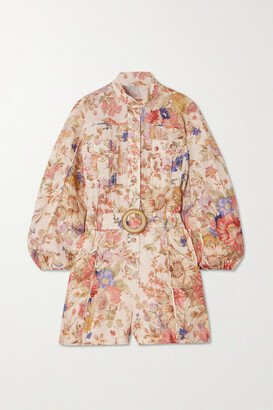 Net Sustain August Belted Floral-print Linen Playsuit - Cream