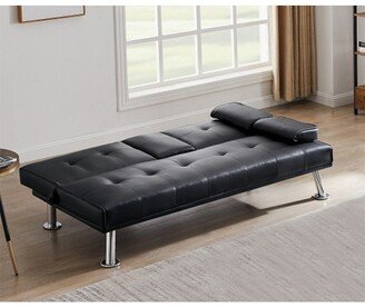 TOSWIN Faux Leather Loveseat Sofa Bed,With 2Cup Holders Removable Armrests