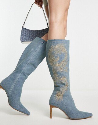 Chai dragon embroidery knee boot in denim