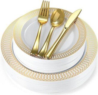 Chateau Fine Tableware 180-Piece White & Gold Plates Dinnerware Set - Large & Small White & Gold Party Plates with Gold Plastic Silverware, Forks, Spoons, Knives for 36 Gues