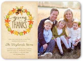 Thanksgiving Invitations: Acorn Wreath Fall Invitation, Beige, Standard Smooth Cardstock, Rounded