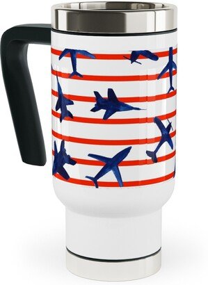 Travel Mugs: Patriotic Airplanes Watercolor - Blue With Red Stripes Travel Mug With Handle, 17Oz, Blue