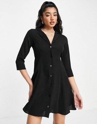 collared long sleeve button through mini shirt dress in black