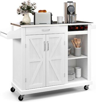 Kitchen Island Cart Rolling Utility Trolley Stainless Steel Top Wine Rack White