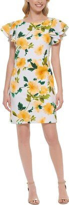 Petites Womens Floral Mini Sheath Dress