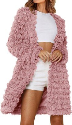 Generic Women's 2023 Winter Faux Jackets Fall Fashion Open Front Long Shaggy Coat Outerwear Women S Cardigan Sweaters (Pink