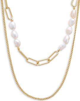 By Adina Eden Imitation Pearl Mixed Chain Layered Necklace in 18K Gold Plated, 15