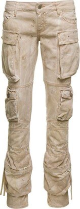 'Essie' Beige Low Waisted Jeans with Cargo Pockets and Logo Embroidery in Cotton Denim Woman