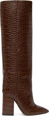 Brown Croc Block Heel Boots