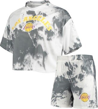 Women's Nba Exclusive Collection White, Black Los Angeles Lakers Tie-Dye Crop Top and Shorts Set - White, Black