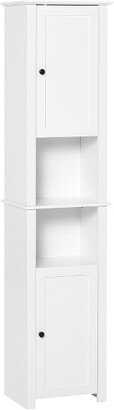 HOMCOM Tall Bathroom Storage Cabinet, Freestanding Linen Tower with 2-Tier Shelf and 2 Cupboards, Narrow Side Floor Organizer, White