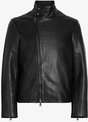 Mens Black Trost Funnel-neck lim-fit Leather Biker Jacket