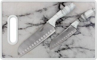 Home Beaumont 3 Piece Stainless Steel Santoku Knife Set with Cutting Board in White Marble