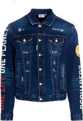 Distressed Smiley Patch Denim Jacket