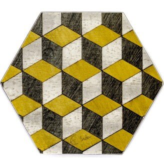 E. Inder Designs Four Coasters Set In Mid Century Modern Style. A Geometric Design In Yellow & Greys. Heat Resistant Melamine. Tied With Ribbon For A Great Gift.