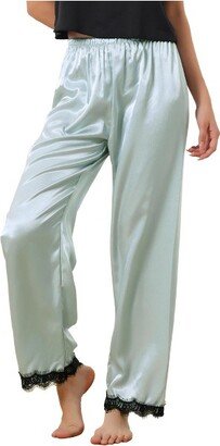 cheibear Women's Satin Elastic Wide-leg Lace Trim Loungewear Long Sleep Pants Blue Medium