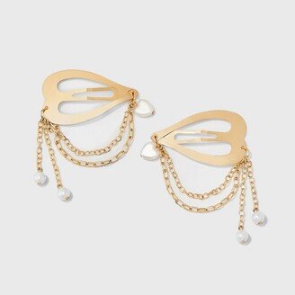 Heart with Chain and Pearl Hair Barrette Gold