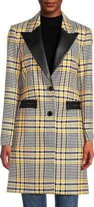 Plaid Faux Leather Trim Overcoat