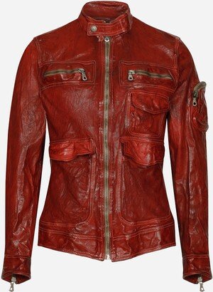 Multi-pocket washed leather jacket