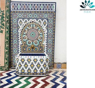 Fountain Mosaic, Moorish Mosaic Fountain, Artwork, Water Inside Moroccan Fountain, Terrace Indoor Decor