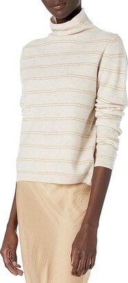 Women's Boiled Cashmere Stripe Fitted Turtleneck (Heather Dove Oat/Amber) Women's Sweater