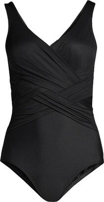 Land' End Women' Plu Size SlenderSuit Tummy Control Chlorine Reitant V-neck Wrap One Piece Swimuit - 16W - Black