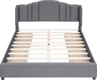 Upholstered Platform Bed with Wingback Headboard and 4 Drawers, No Box Spring Needed, Linen Fabric, Queen Size