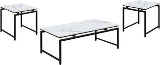 3 Piece Table Set With Faux Marble Top in White and Dark Gunmetal