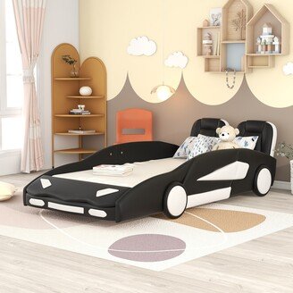 GREATPLANINC Twin Upholstered Race Car-Shaped Platform Bed with Wingback & Wheels