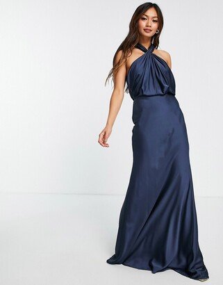 Bridesmaid satin ruched halter neck maxi dress in petrol blue